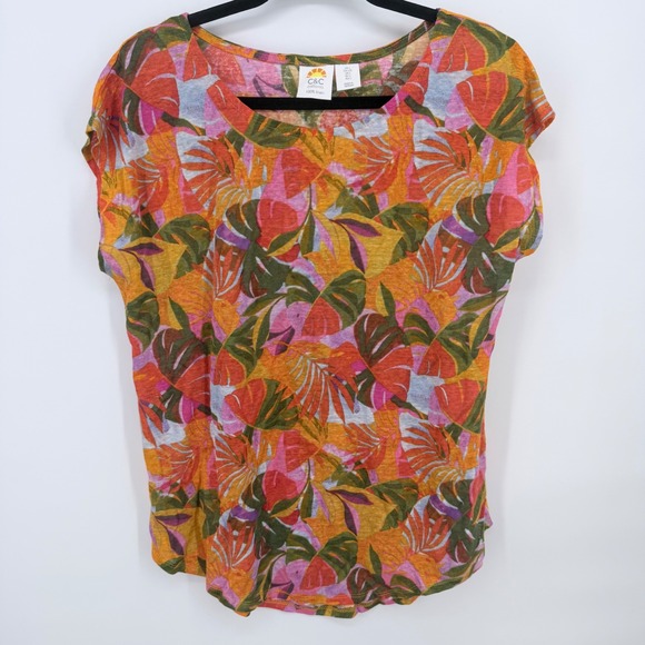C&C California Tops - C&C California Linen T-Shirt Womens Large Orange Pink Vibrant Tropical Boho NWOT